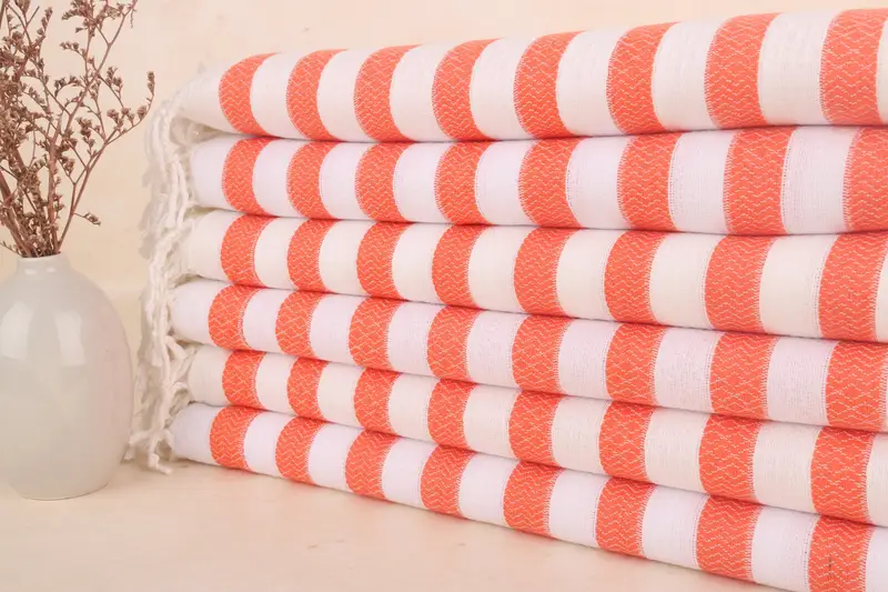 Turkish Beach Towel Orange Stripes, Beige, 100% Organic Cotton, 36x71 Inches