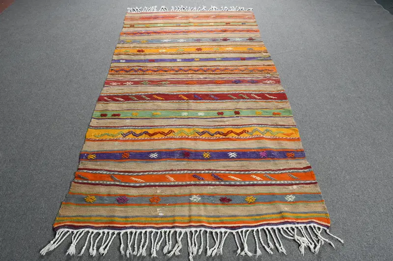 3.8x7.4 ft Rug, Vintage Turkish Rug, Kilim Orange Southwestern Rug - 1