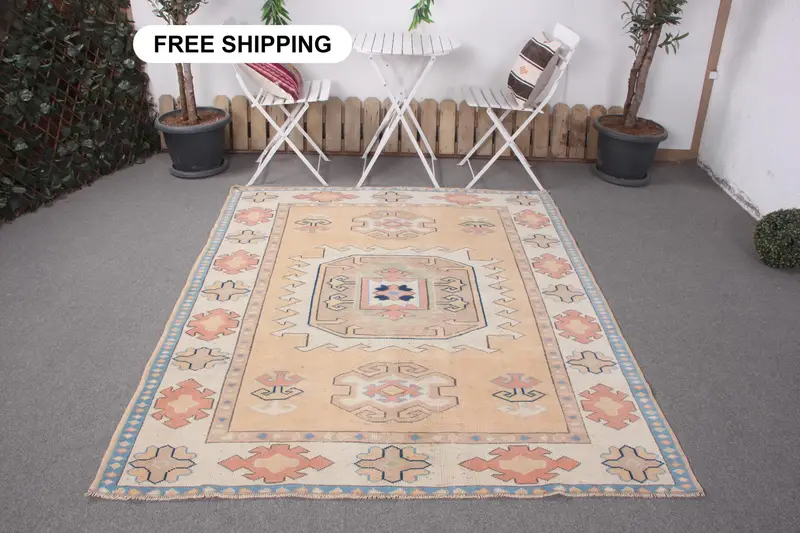 5.4x6.6フィート オレンジベージュ ペルシャ絨毯、エレガントな室内装飾