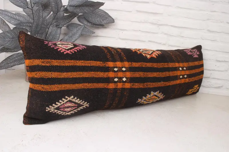 Kilim Pillow Cover, Gift Pillow, Anatolian Pillow Cover, Ethnical Kilim Rug Pillow, Customized Pillow, Cushion Case, 12x36 Brown Pillow Cover - 3