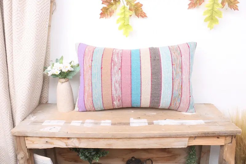 Interior Designer Pillow, Kilim Pillow, Kilim Cushion Sham, Neutral Pillow Sham, Pillow Case, 12x20 Rainbow Pillow Sham, Farmhouse Pillow Sham - 1