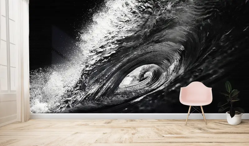 Papel pintado estampado elegante con paisaje de olas de surf en blanco y negro