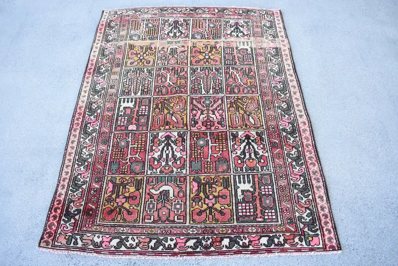 Türk Halısı, 3.6x4.7 ft Accent Vintage Halı, Oushak Kırmızı Sarı Soyut Halı - 1
