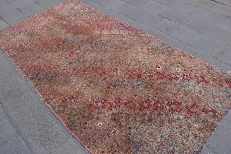 4.4x8.6 ft Area Turkish Rug, Vintage Rug, Red Brown Check Wool Rug - 1