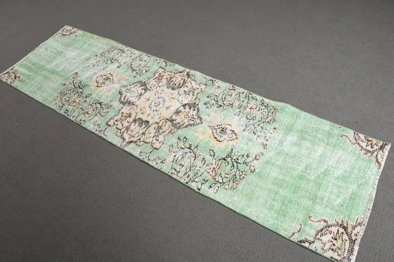 Turkish Vintage Rug, 2x7.1 ft Runner Rug, Green Yellow Ikat Wool Rug - 1