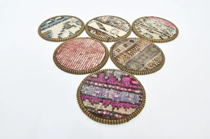 Juego de posavasos rústico Kilim, posavasos redondos morados y verdes