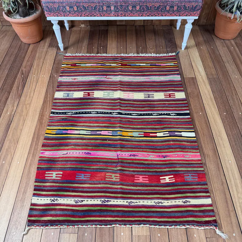 3.2x4.6 ft Vintage Small Rug, Turkish Red Ikat Rug - 1