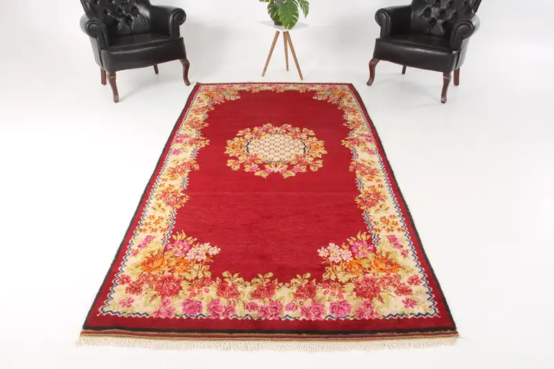 Turkish 4.6x9.4 ft Rug, Oushak Vintage Rug, Red Patchwork Wool Rug - 1