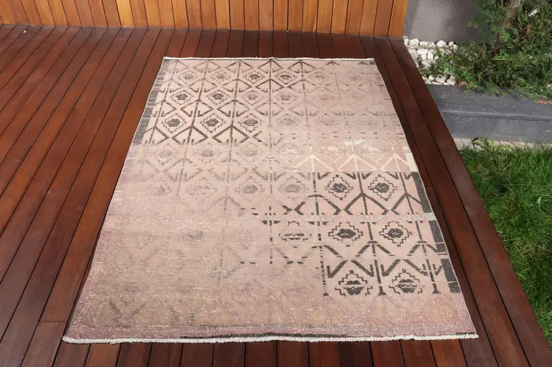 Oushak Vintage Halı, 4.1x5.9 ft Türk Halısı, Kahverengi Patchwork Yün Halı - 1