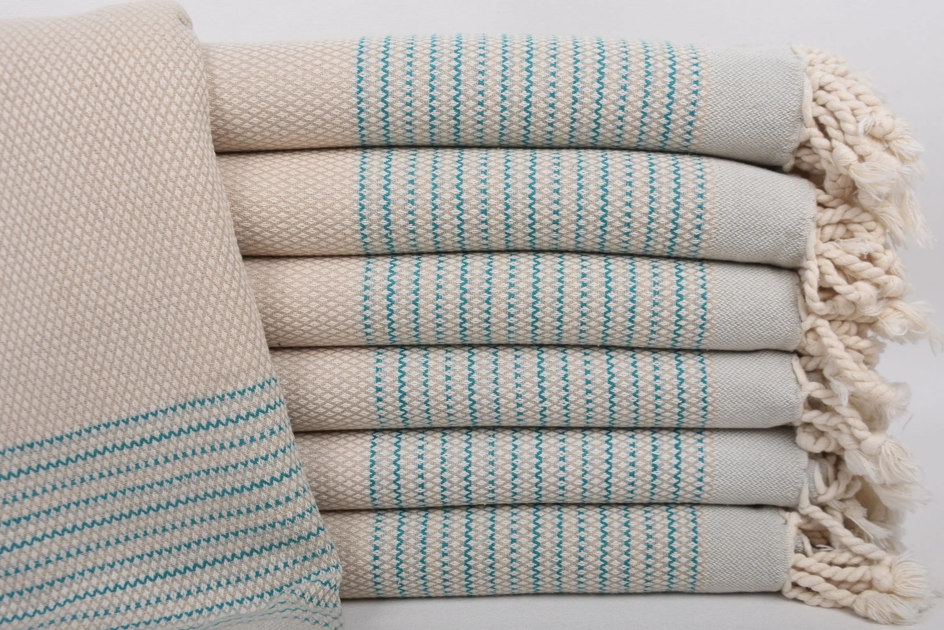 Beach Towel Organic Cotton Beige-Turquoise Striped, 63x40 Inches - 1