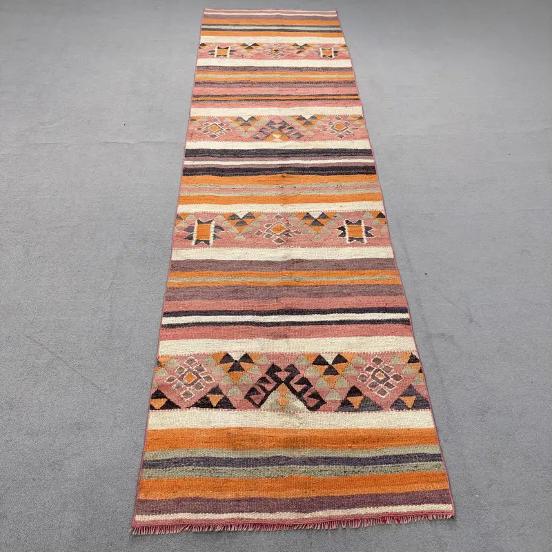 2.9x10.2 ft Turkish Kilim Rug, Orange Solid Vintage Wool Rug - 1