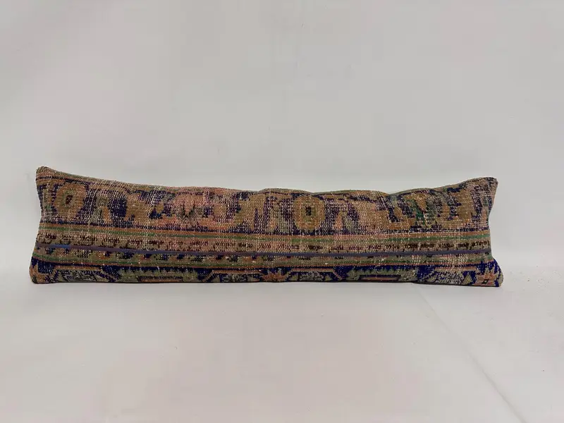 Knitted Pillow Case, Natural Cushion, Pillow, Turkish Pillow, Antique Pillows, 12x48 Blue Cushion, Lounge Throw Pillow Cover, Vintage Kilim Pillow - 1