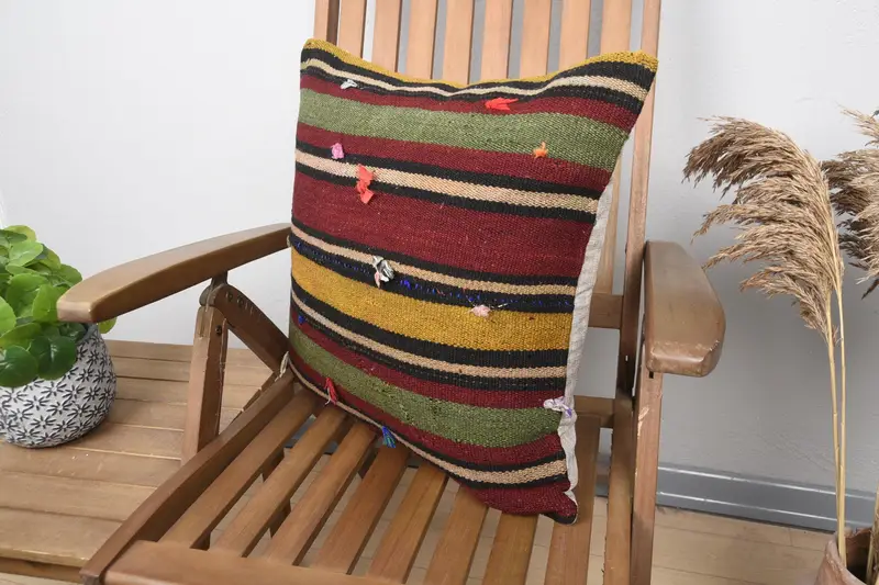 Kilim Pillow Cover, Outdoor Bolster Pillow Case, Gift Pillow, Handmade Throw Pillow Sham, 20x20 Green Pillow Sham, Cushion, Home Decor Pillow - 3