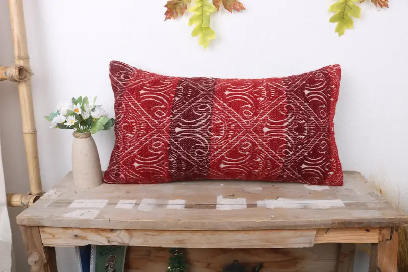 Boho Pillow Sham Cover, 12x24 Red Pillow Sham, Ethnical Kilim Rug Pillow, Pillow for Couch, Boho Chic Pillow Sham, Cushion Case - 1