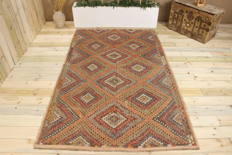 Handmade Orange & Blue Persian Rug, 0.4x8.1 ft