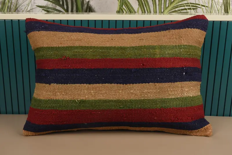 Striped Throw Red Pillow, Wool Gift 16x24 inch Cushion - 1