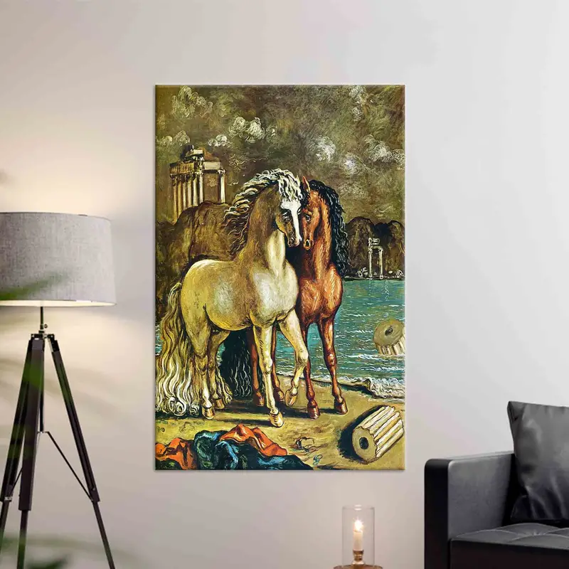 キリコにインスピレーションを得た馬の恋人キャンバス: エレガントなオイル プリント アート