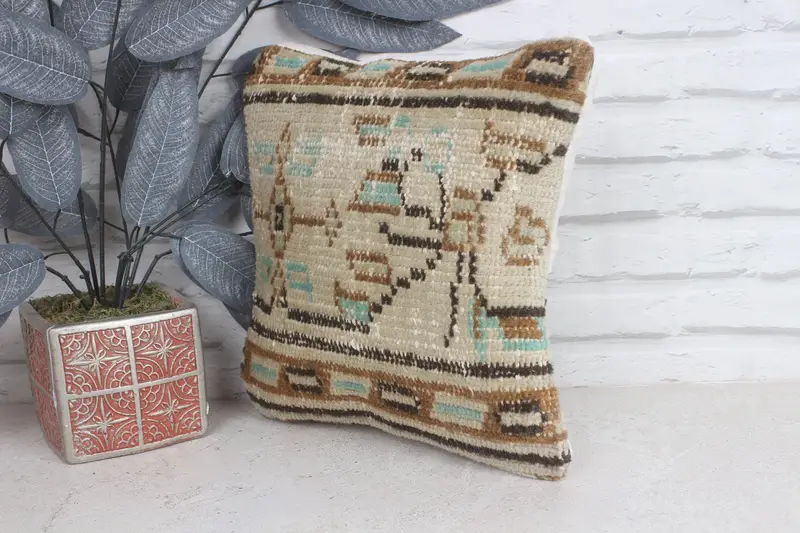 Toss Pillow Sham, Ethnical Kilim Rug Pillow, 12x12 Beige Cushion Cover, Pillow, Handmade Kilim Cushion, Interior Designer Pillow - 3