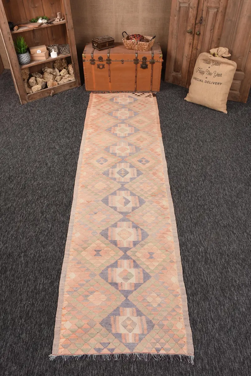 Alfombra turca vintage 2,8x10,5 pies, alfombra oriental Kilim naranja - 1