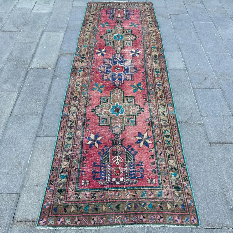 Vintage Turkish Oushak Runner Rug 3.6x11.1 ft, Red Floral Rug Wool - 1