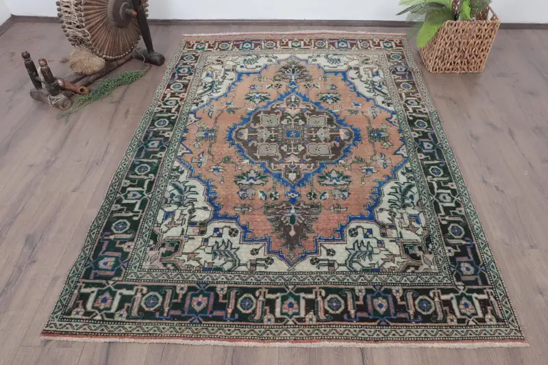 Vintage Area Rug 4.8x6.9 ft, Blue Brown Patchwork Rug Wool - 1