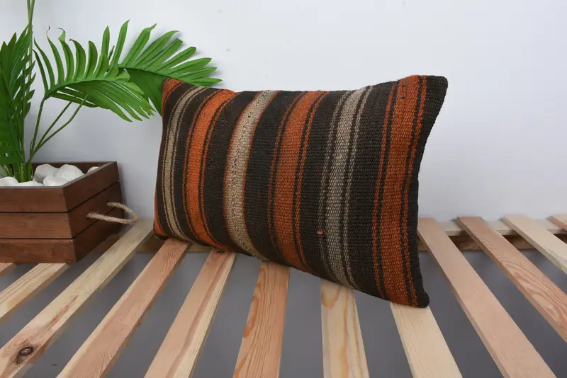 Tribal Cushion Case, Pillow Sham, 12x20 Brown Pillow Sham, Turkish Pillow, Oriental Pillow Sham, Ethnical Kilim Rug Pillow, Boho Pillow - 5