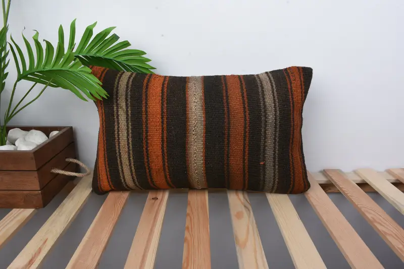 Tribal Cushion Case, Pillow Sham, 12x20 Brown Pillow Sham, Turkish Pillow, Oriental Pillow Sham, Ethnical Kilim Rug Pillow, Boho Pillow - 1
