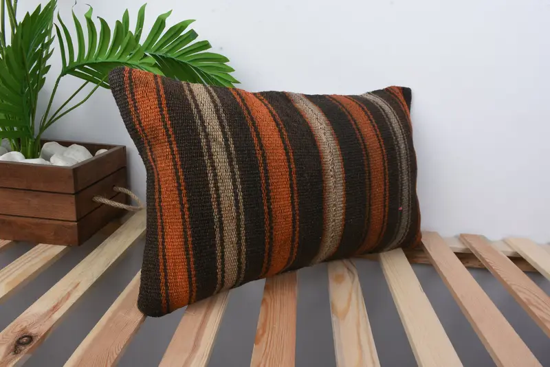 Tribal Cushion Case, Pillow Sham, 12x20 Brown Pillow Sham, Turkish Pillow, Oriental Pillow Sham, Ethnical Kilim Rug Pillow, Boho Pillow - 4