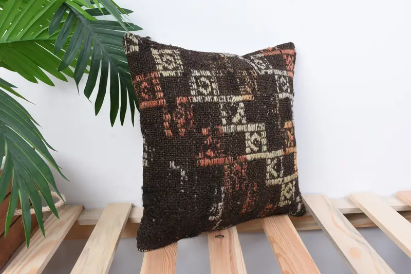 Turkish Pillow, Cushion Case, Turkish Kilim Pillow, Oriental Cushion, Sustainable Cushion Cover, Boho Pillow Sham Cover, 12x12 Brown Cushion Cover - 4