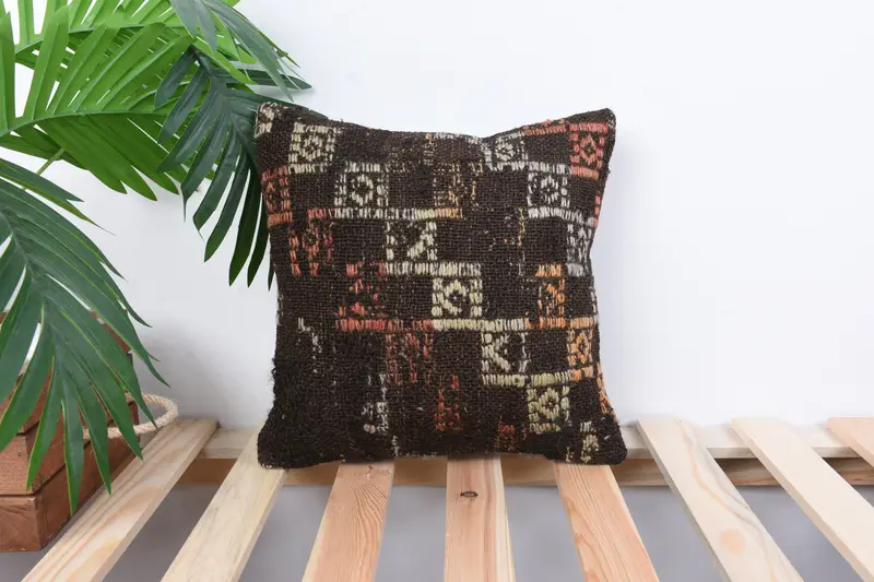 Turkish Pillow, Cushion Case, Turkish Kilim Pillow, Oriental Cushion, Sustainable Cushion Cover, Boho Pillow Sham Cover, 12x12 Brown Cushion Cover - 1