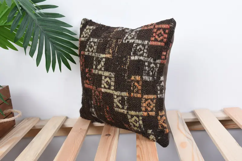 Turkish Pillow, Cushion Case, Turkish Kilim Pillow, Oriental Cushion, Sustainable Cushion Cover, Boho Pillow Sham Cover, 12x12 Brown Cushion Cover - 5