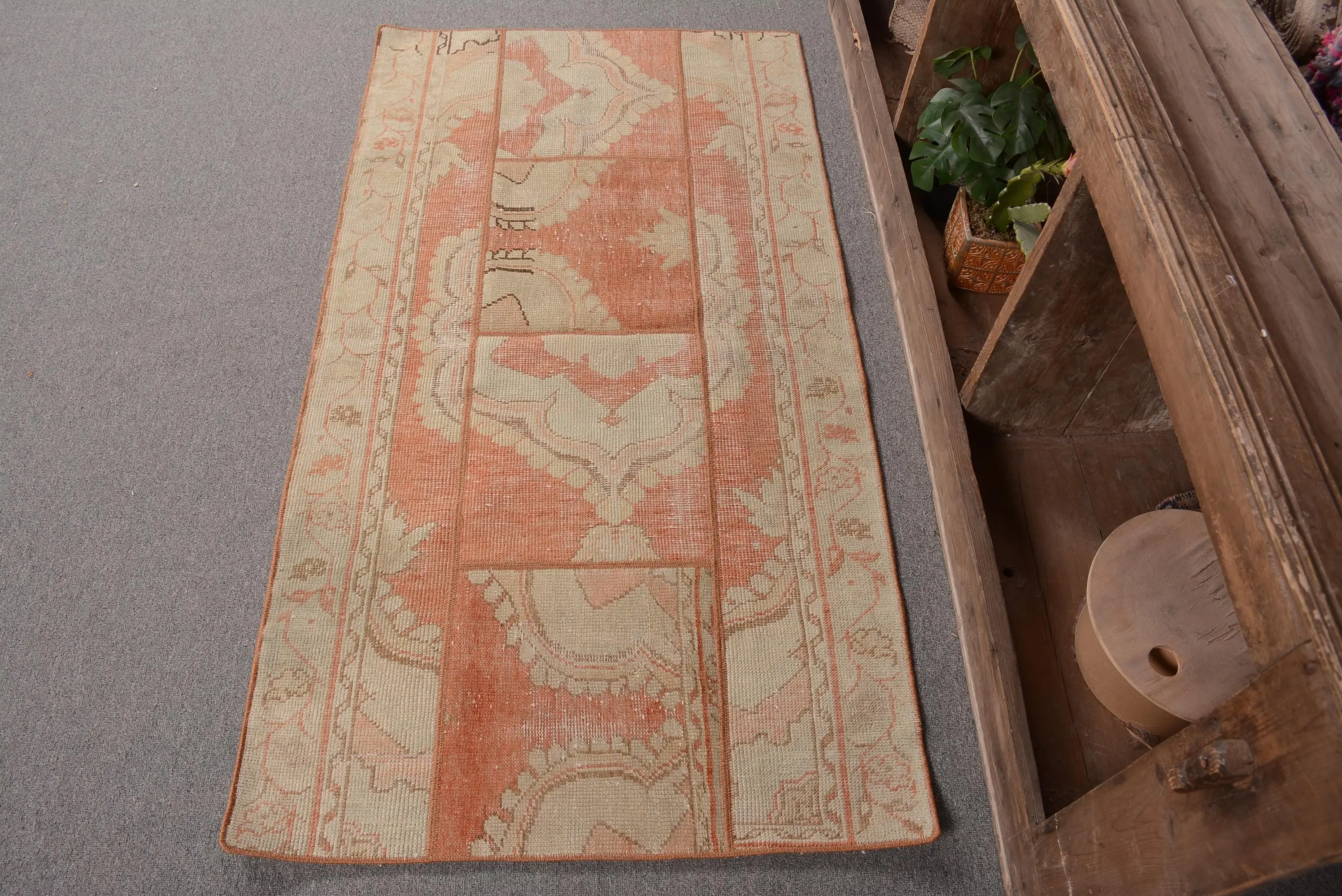 Vintage Rug, Small 2.7x4.9 ft Turkish Rug, Orange Beige Oriental Wool Rug - 1