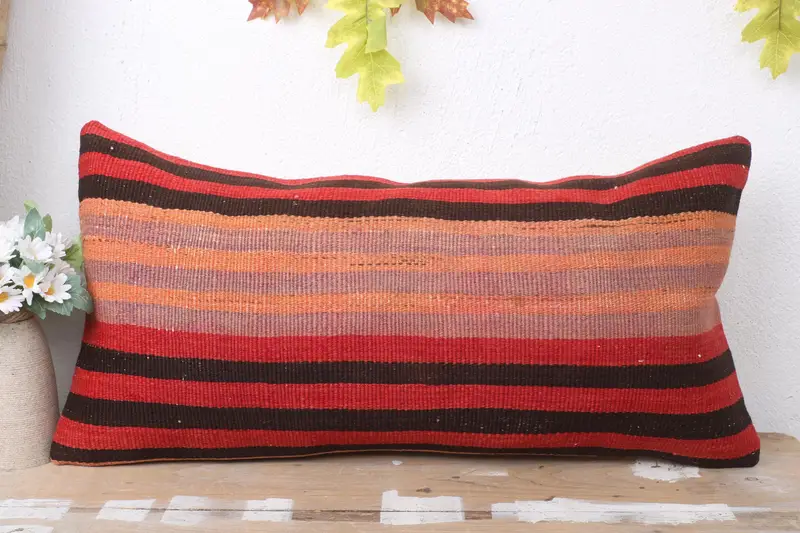 Pillow Cover, Ethnical Kilim Rug Pillow, Cozy Throw Pillow Cover, Hippie Throw Pillow Cover, 12x24 Red Pillow, Kilim Cushion Sham, Pillow for Sofa - 2