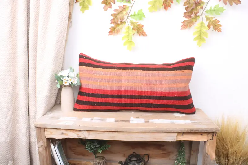 Pillow Cover, Ethnical Kilim Rug Pillow, Cozy Throw Pillow Cover, Hippie Throw Pillow Cover, 12x24 Red Pillow, Kilim Cushion Sham, Pillow for Sofa - 1