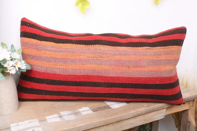 Pillow Cover, Ethnical Kilim Rug Pillow, Cozy Throw Pillow Cover, Hippie Throw Pillow Cover, 12x24 Red Pillow, Kilim Cushion Sham, Pillow for Sofa - 4