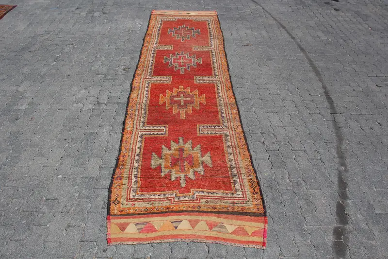 Vintage Runner Rug 3.4x13.1 ft, Red Patchwork Turkish Wool Rug - 1