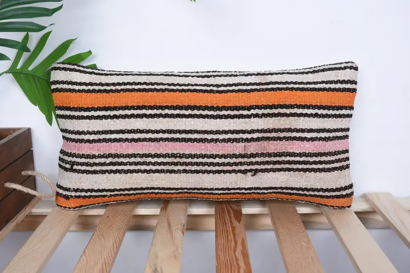 Pillow Cover, Turkish Kilim Pillow, Boho Pillow, Vintage Pillow, 10x20 Orange Pillow Cover, Ethnic Pillow Cover Pillow Case - 1