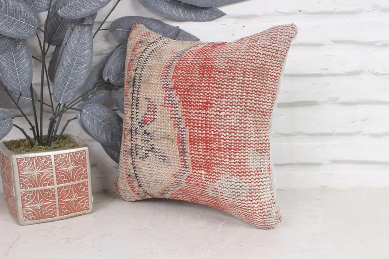 Personalized Gift Pillow Cushion, Cushion Case, Kilim Pillow Cover, Pillow for Sofa, Antique Pillows, 12x12 Red Pillow, Knitted Pillow - 3