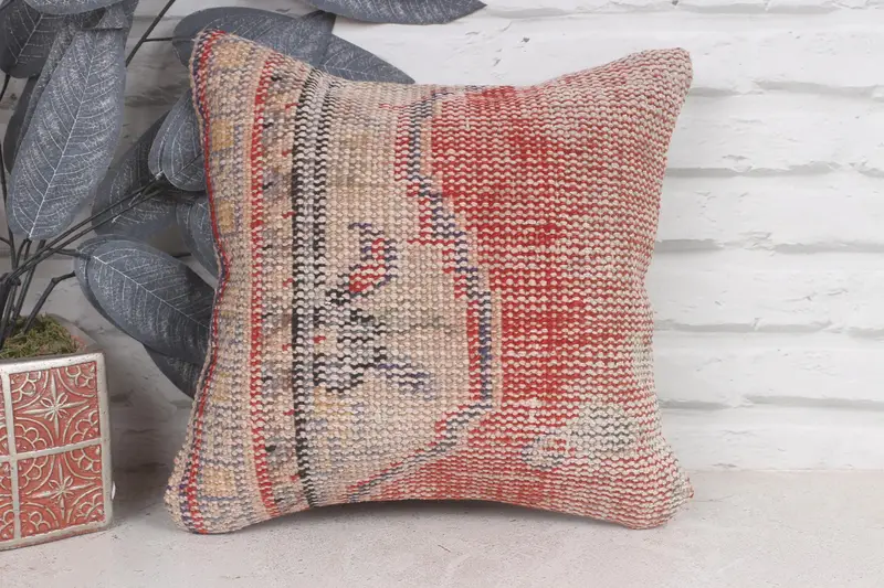 Personalized Gift Pillow Cushion, Cushion Case, Kilim Pillow Cover, Pillow for Sofa, Antique Pillows, 12x12 Red Pillow, Knitted Pillow - 1