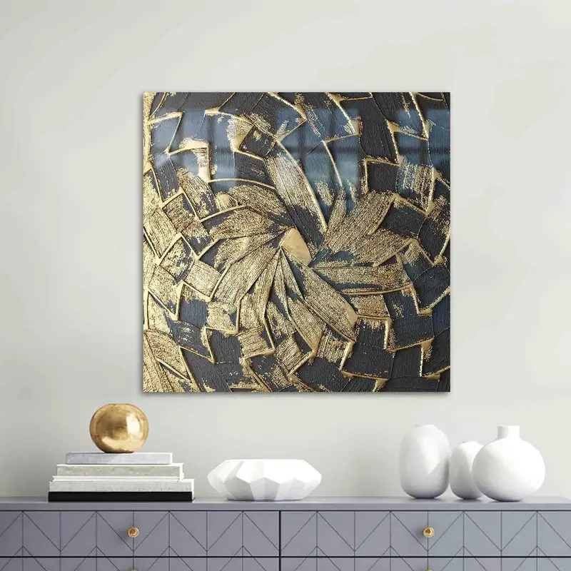 Modernes abstraktes, schimmerndes, gold-schwarz bedrucktes Glas – zeitgenössische Eleganz