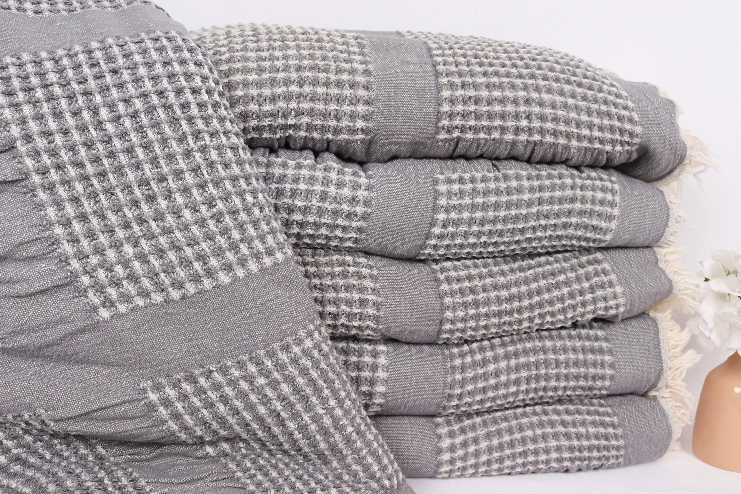 Dark Gray Cotton Throw Boho Blanket, Striped Pattern, 79x83 Inches - 1