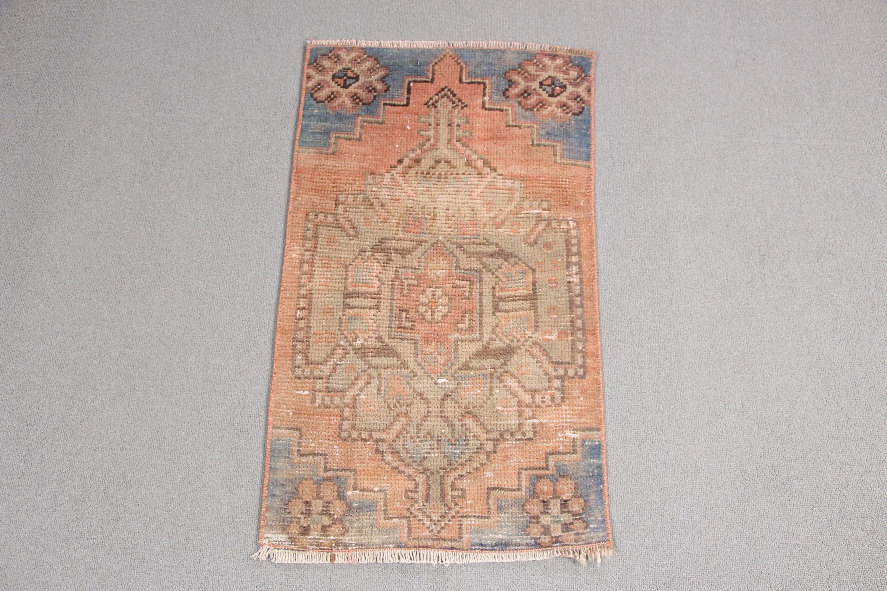 Vintage Turkish Rug 1.4x2.5 ft (43x75 cm), Orange Solid Rug - 1