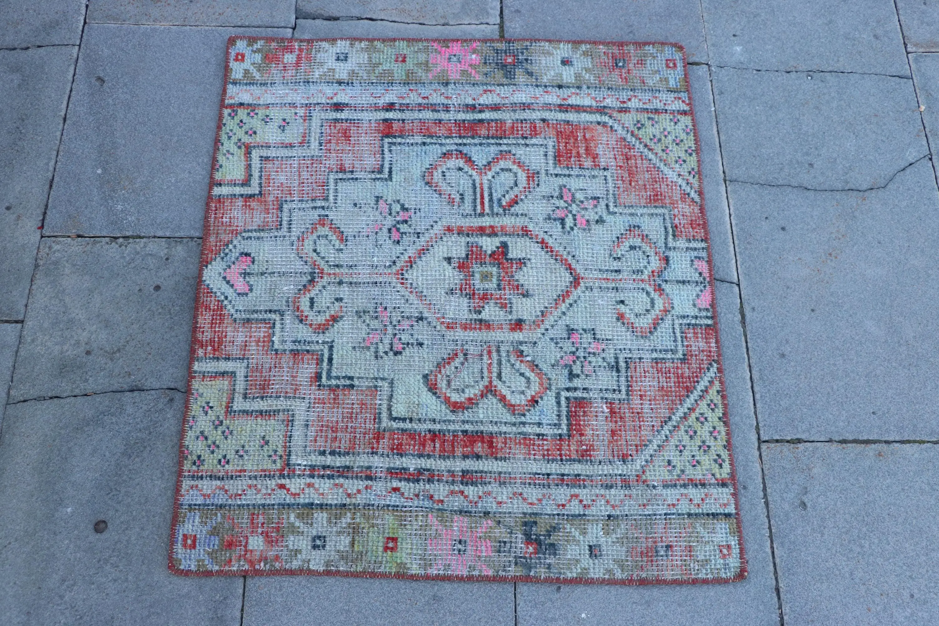 Vintage Rug, 2.1x2.5 ft Small Turkish Rug, Red Gray Moroccan Rug - 1