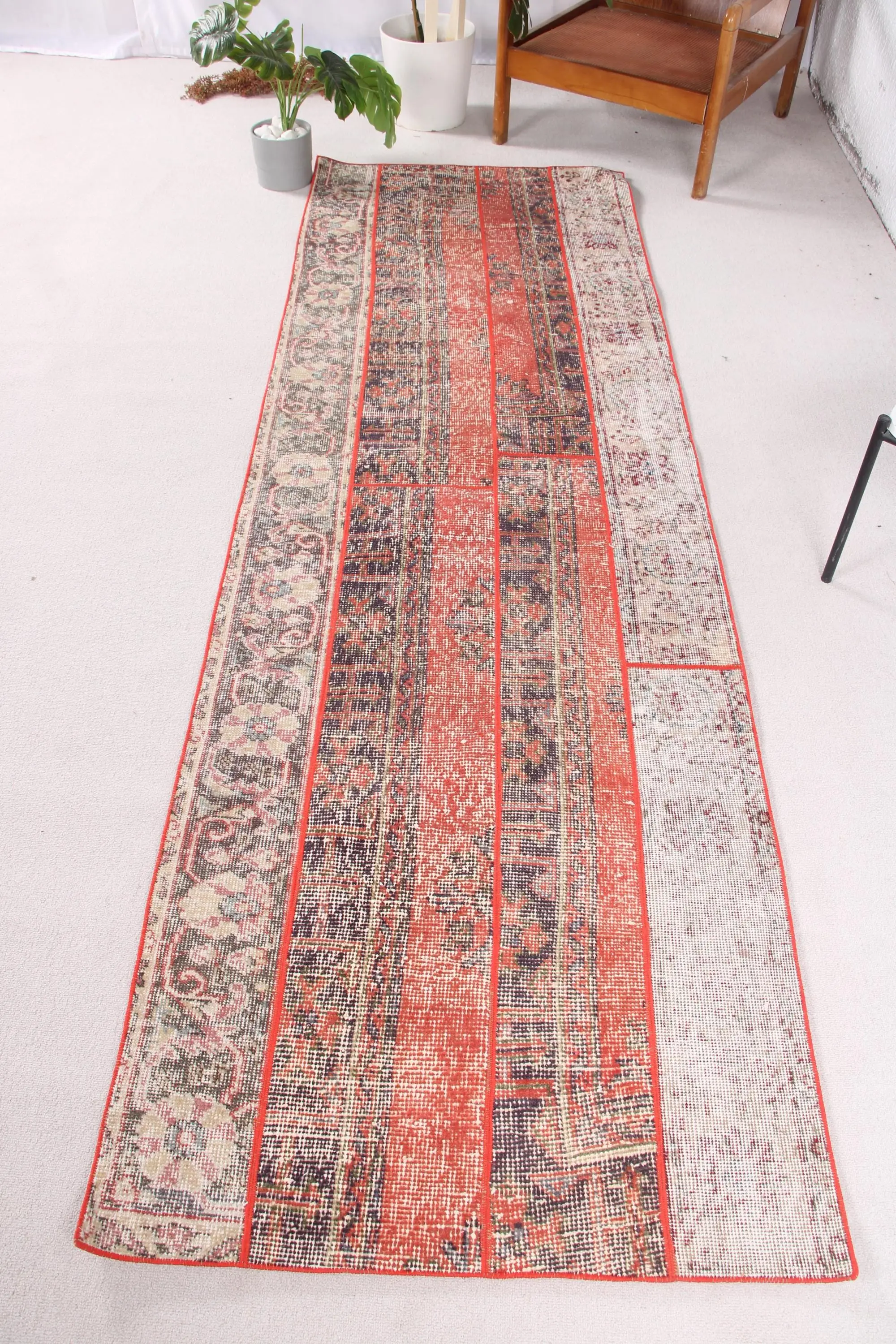 Turkish Runner Rug 2.9x9.2 ft (89x281 cm), Vintage Red Patchwork Rug - 1