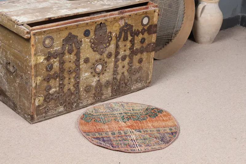 Orange-blauer Karoteppich, 1,7 x 1,6 Fuß, schickes Dekor