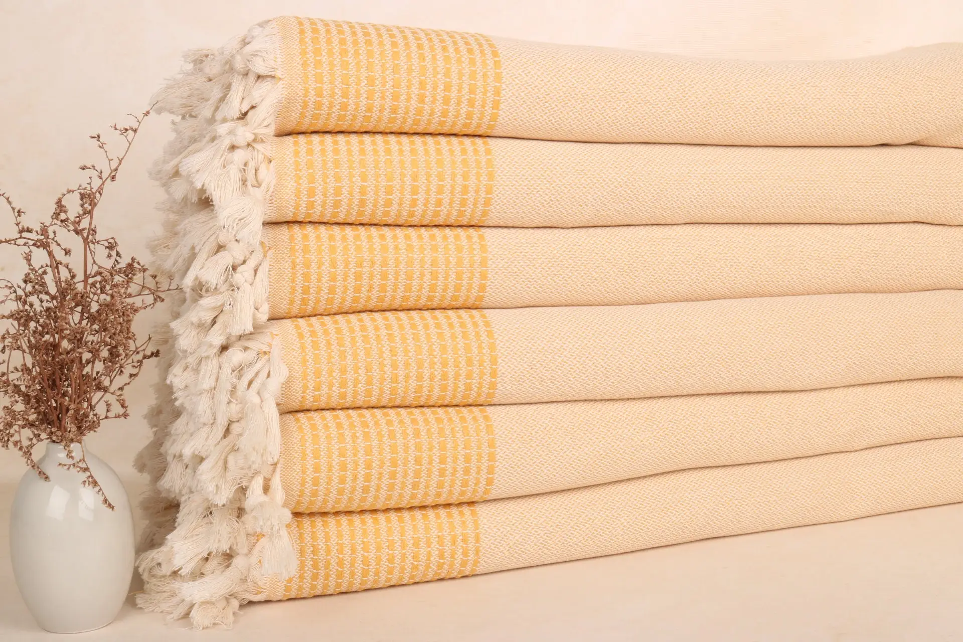 Decorative Mustard Cotton Blanket, Striped, 91x95 Inches - 1