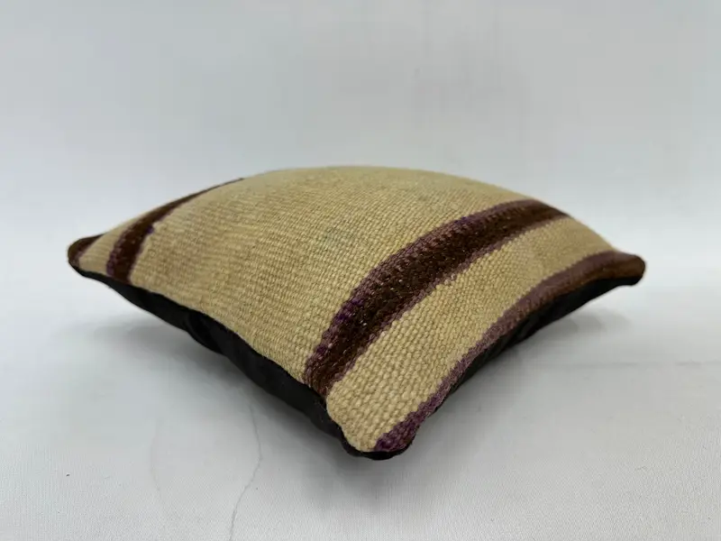 Beige & Brown Striped Decorative Pillow, 12x12 Inches, Embroidered Cotton Cover - 6