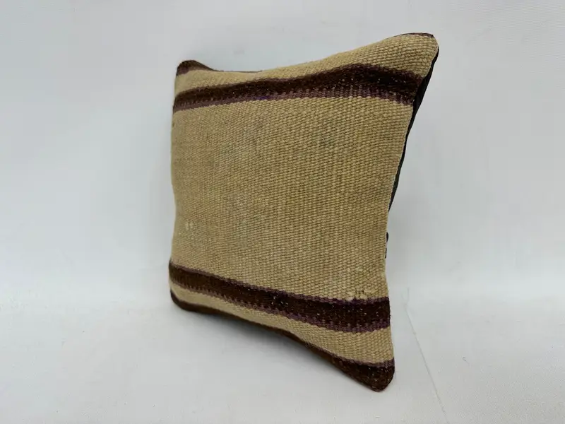 Beige & Brown Striped Decorative Pillow, 12x12 Inches, Embroidered Cotton Cover - 4