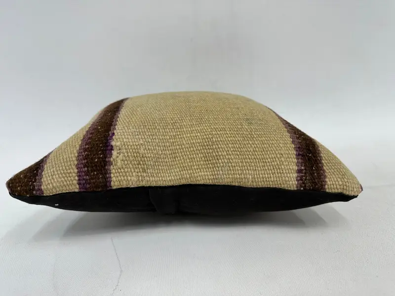 Beige & Brown Striped Decorative Pillow, 12x12 Inches, Embroidered Cotton Cover - 5
