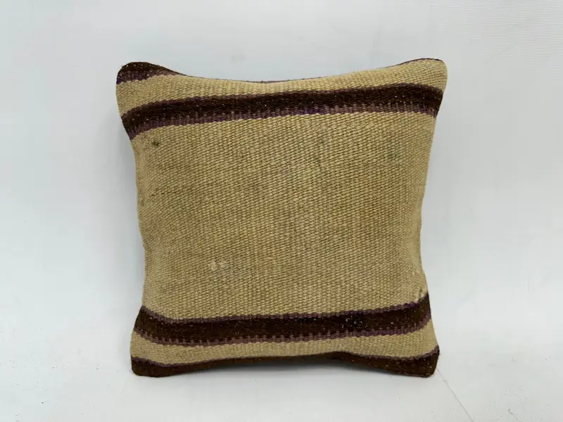 Beige & Brown Striped Decorative Pillow, 12x12 Inches, Embroidered Cotton Cover - 1